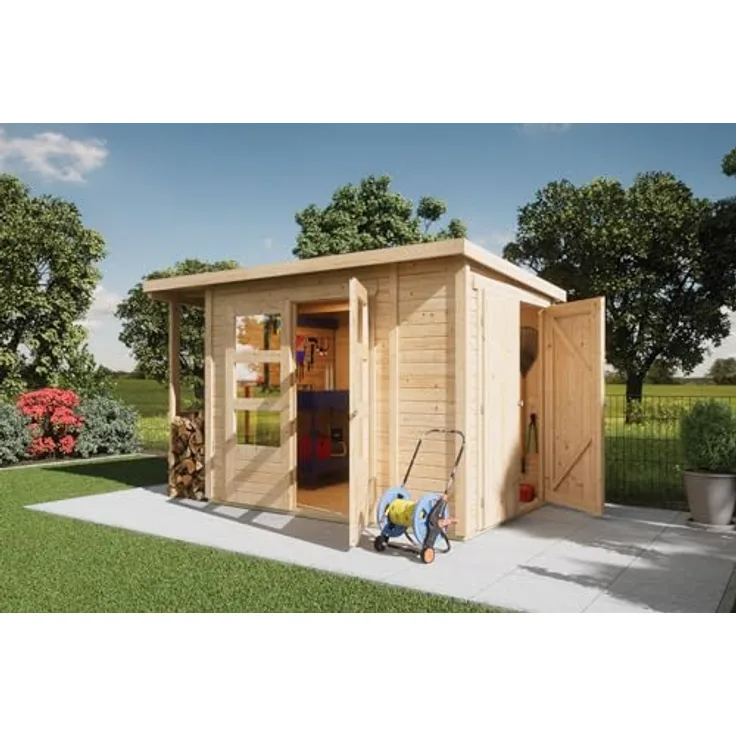 CHILLROI® Karibu Gartenhaus 19mm Multi Satteldach mit Schrank und Anbaudach inkl. Fußboden & Dacheindeckung (Pultdach naturbelassen)