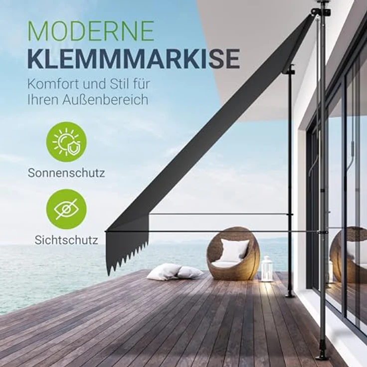 Juskys Klemmmarkise Kapstadt 300x120 cm - Höhenverstellbar, UV-beständig, Wetterfest & Sichtschutz - Terrassenüberdachung Grau – Bild 2