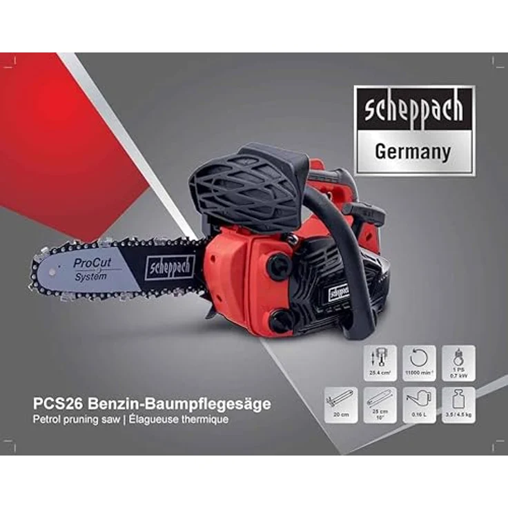 Scheppach PCS26 Tophandle, Benzin-Kettensäge mit 700 W, 25,4 cm³ Motor und 25 cm Schwertlänge – Bild 2