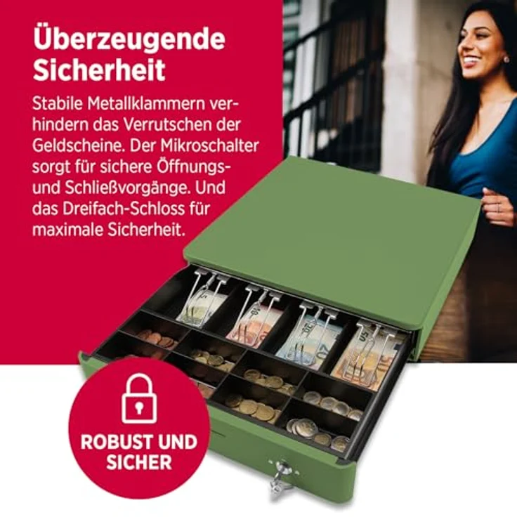 Olympia M 405 Grün, Kassenlade mit 8 Münzfächern, 4 Scheinfächern, Vollmetallgehäuse, elektrischer Anschluss RJ11/RJ12, Schloss und Schlüssel – Bild 4