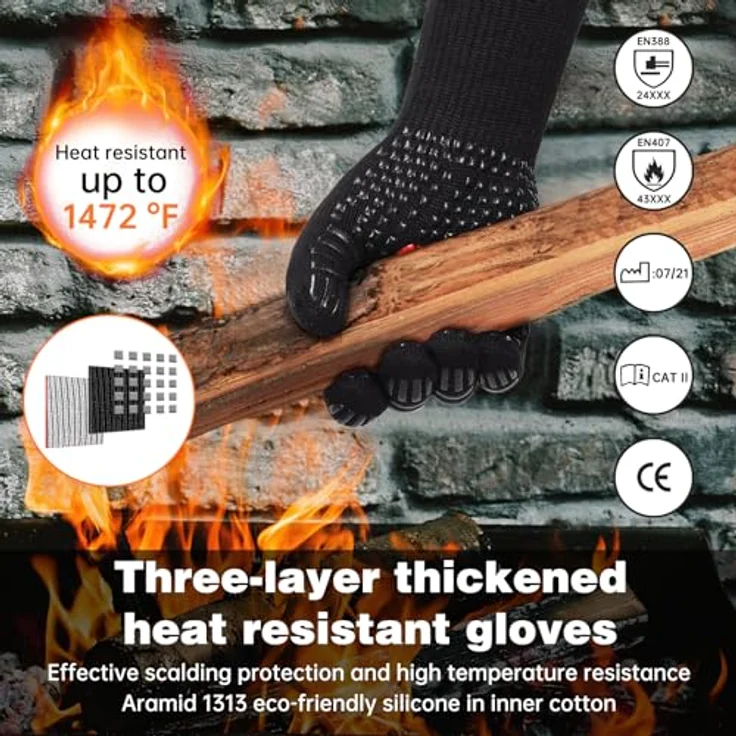SPGOOD Grillhandschuhe, hitzebeständig bis 800 Grad, feuerfeste Koch- und Backhandschuhe, rutschfest, Schwarz, L/XXL – Bild 3