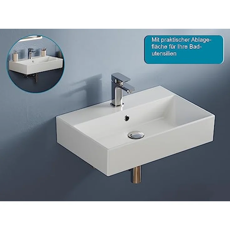 Aqua Bagno | Eckiges Design Handwaschbecken, hochwertige Keramik, modern & stilvoll durch dünnen Rand | 600 x 420 mm – Bild 4