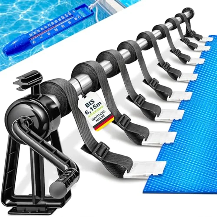 tillvex Pool Aufroller Premium, Ausziehbar von 1,05-6,15 m, inkl. Thermometer & 8 Befestigungsbänder, witterungsbeständig, mobile Aufrollvorrichtung für Solarplane – Bild 1