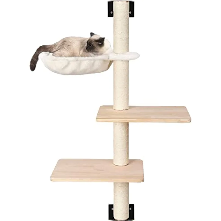 Wandkratzbaum für Katzen 104cm mit Hängematte und 2 Plattformen, Massivholz Schritte, Kratzmöbel und Schlafplatz zur Wandmontage Geeignet für S Katzen