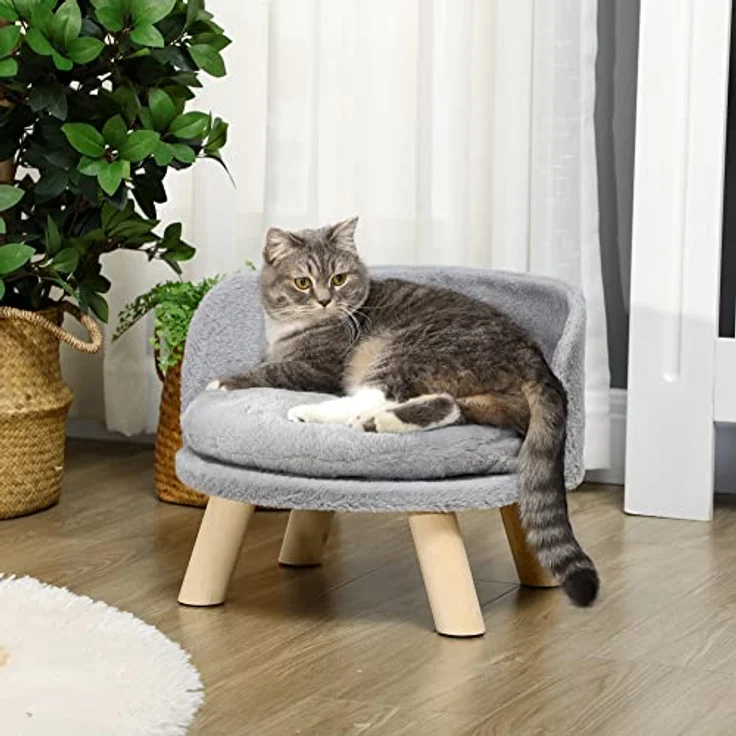 Pawhut Katzensofa, Haustiersofa mit Kissen, Katzenbett, katzensessel Katzenhocker erhöhtes Haustierbett mit rutschfesten Holzfüße, Hundesofa, Indoor, Grau, 40,5 x 40,5 x 33 cm – Bild 2