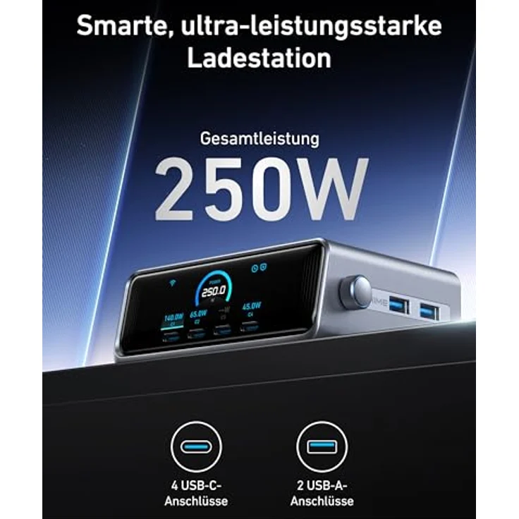 Anker Prime 250W USB-C Ladegerät, Ultra-schnelle 6-Port GaN Ladestation, 2,26" LCD-Display und Smart Control Regler – Bild 2