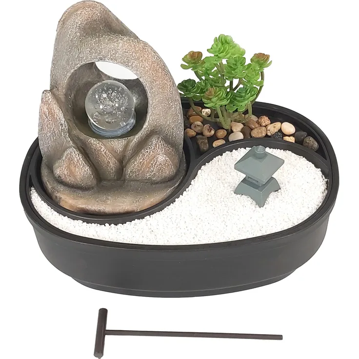 Lemodo Zimmerbrunnen Tischbrunnen mit Zen-Garten, Pumpe mit LED-Beleuchtung und Miniatur-Rechen, Polyresin, LED-Beleuchtung, inklusive Kieselsteine, Splitt (Buddha)
