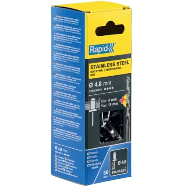 Rapid Blindnieten Edelstahl Ø 4,8mm, 8-11mm Klemmbereich, 50 Stk. V2A Nieten, Set Inkl Bohrer, für blindnietzangen – Bild 2