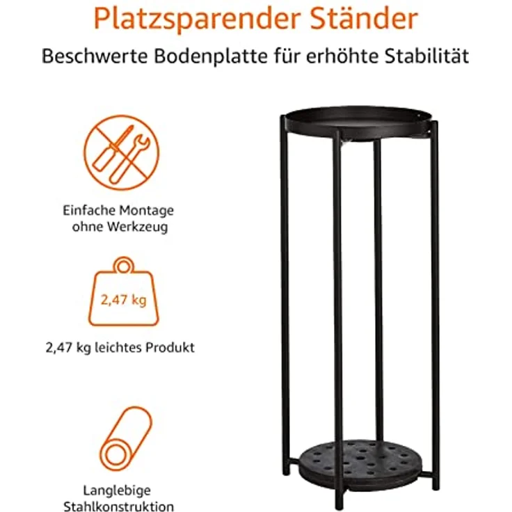 Amazon Basics Rund Pflanzenständer, Metallständer mit 2 Ablageflächen für Blumentöpfe bis 23 cm, schwarz – Bild 3