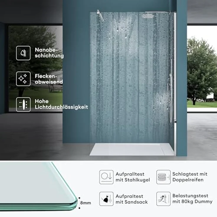 Mai & Mai Duschwand Bremen1, Duschabtrennung 50x200cm aus 8mm ESG-Sicherheitsglas mit NANO-Beschichtung, beidseitig montierbar, inkl. Stabilisator BRAM1 – Bild 4