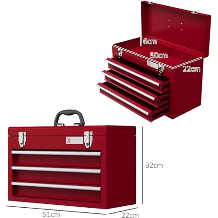 Durhand Werkzeugbox mit 3 Schubladen, oberes Staufach, Handgriff (Werkzeugkasten, 1 St., Werkzeugkiste), mit 2 Schloss, aus Stahl, Rot - Preisvergleich – Bild 5