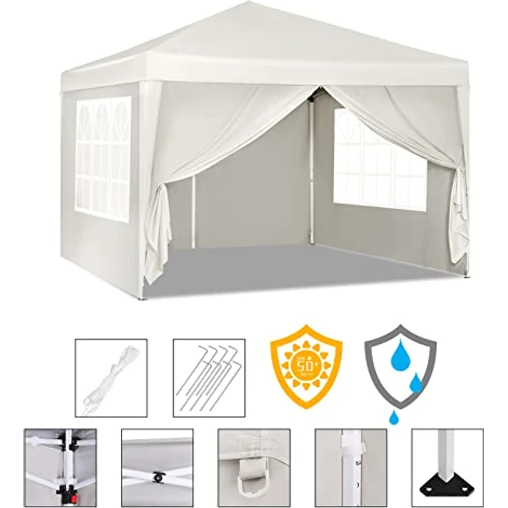 WOLTU Pavillon Pop-Up wasserdichter Faltpavillon Sonnenschutz Event Pavillon mit Seitenwänden Gartenpavillon auf Terrasse Camping Festival Pagodenzelt aus Oxford Metallrahmen 3 x 3 m Beige – Bild 5