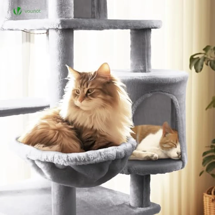 VOUNOT XXL Katzenbaum 168cm, Mehrstöckiger Katzenmöbel mit Korb, Hängematte und Plüschbällen, Dicke Stämme, Stabiler Kratzbaum für Katzen, Beige – Bild 5