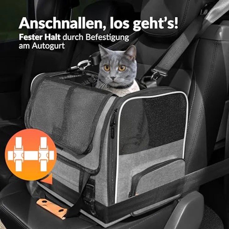 Cadoca Tiertransportbox, Faltbare Transporttasche für Hunde und Katzen, grau, mit wendbarem Liegekissen und Sonnenschutz – Bild 4