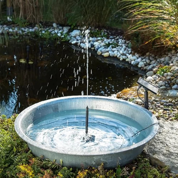 Esotec Teichpumpe Wasserspiel Solar-Springbrunnen Kit 1,5/140 pro, Komplettset mit 4 Fontänenaufsätzen und 1,5W Solarmodul, max. Spritzhöhe 0,8m, Förderleistung 140 l/h, IP68 – Bild 5