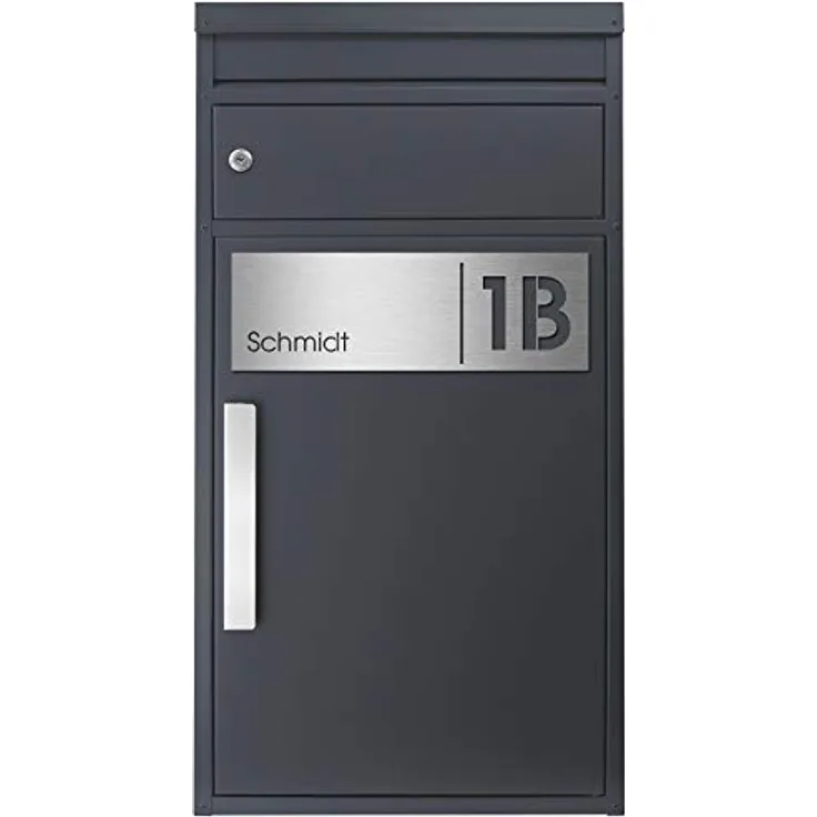 Safepost Paketbriefkasten SafePost 65MS mit Name und Hausnummer graviert V4A-Edelstahl/anthrazit RAL 7016 Design-Paketkasten modern