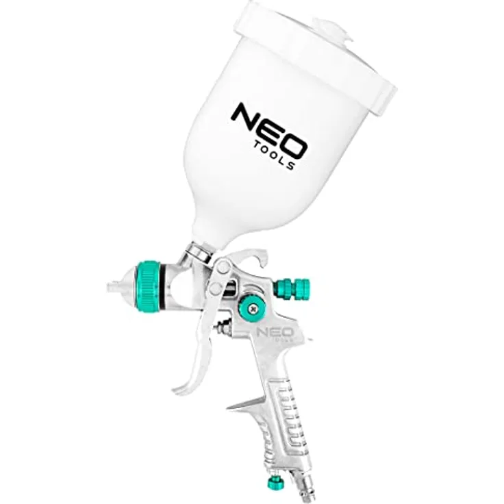 NEO TOOLS Lackierpistole HVLP mit Oberbecher 0,6 l, 1,4 mm Düsendurchmesser, max. 4 bar, 3 Einstellungen, Luftverbrauch 250–350 l/min.