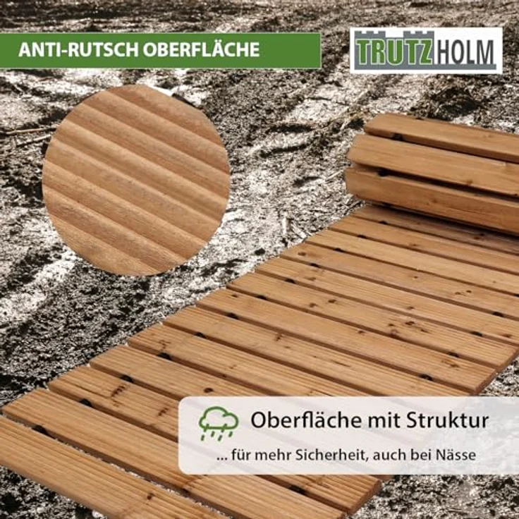 TRUTZHOLM 2X Holzpfad ausrollbar 250x43x2 cm rustikales Tannenholz mit Anti-Rutsch Oberfläche wetterfester Holzweg für Garten, Hinterhof, Strand - Pflegeleichter Rollweg zur Gartengestaltung – Bild 5