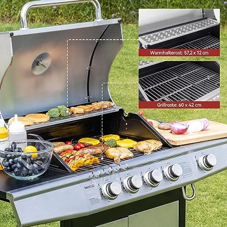 Royal Gourmet 4+1 Brenner Gasgrill Grillwagen mit automatischer Zündung,integriertem Thermometer und Unterschrank Edelstahl Brenner mit 14,5 kW Camping Gasgrill für Outdoor Barbecue Silber - Preisvergleich – Bild 4