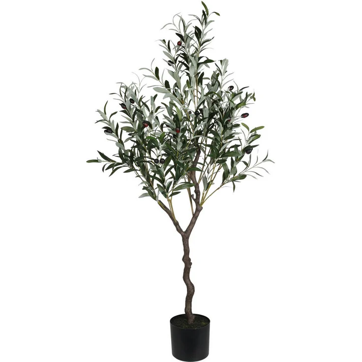 XXXL Künstlicher Olivenbaum, 121 cm hoch, Dekoration in stilvollem schwarzen Topf, hochwertiger Kunststoff, pflegeleicht