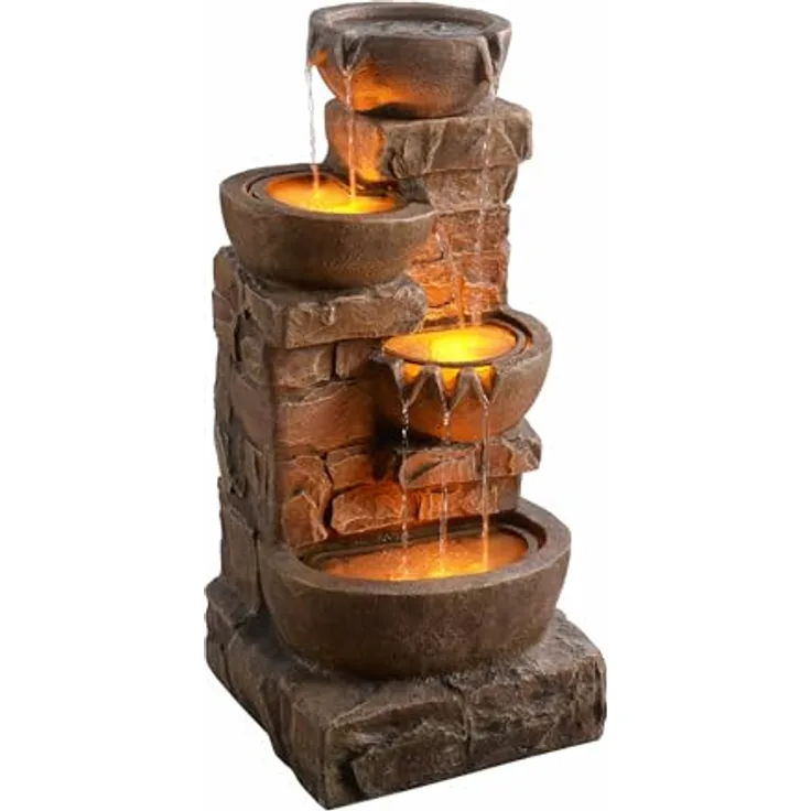 Teamson Home Wasserfallbrunnen "Cascading Bowls & Stacked Stones", Gartenbrunnen mit LED, Polyresin braun, H84 cm