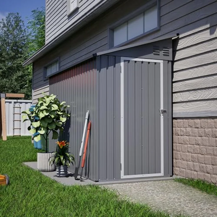 Thanaddo Metall Gerätehaus Gartenhaus 110x229x192cm, wetterfester Geräteschuppen mit Pultdach und Metallfundament, grau – Bild 2