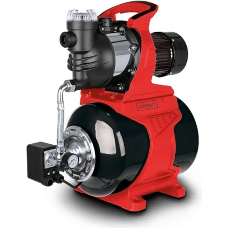 Scheppach Hauswasserwerk HWW1400 Brunnenpumpe | Fördermenge 6000 L/h | Leistung 1300W | Kesselinhalt 24L | Förderdruck 4,8 bar - 1,5bar Einschalt- & 3bar Abschaltdruck | Förderhöhe 48m | Ansaughöhe 8m