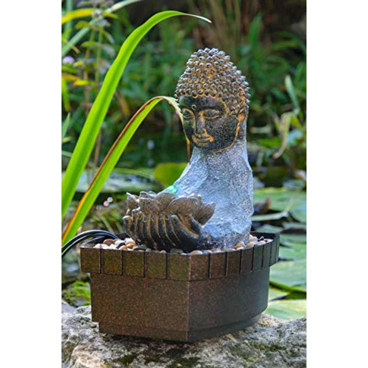 dobar® 96430e Design Zimmerbunnen Buddha mit LED Beleuchtung | Tischbrunnen Kunststein | Kleiner Springbrunnen | Dekorativer Zierbrunnen Wohnzimmer/Büro/Indoor | 20,5 x 16,5 x 27 cm | Grau – Bild 4