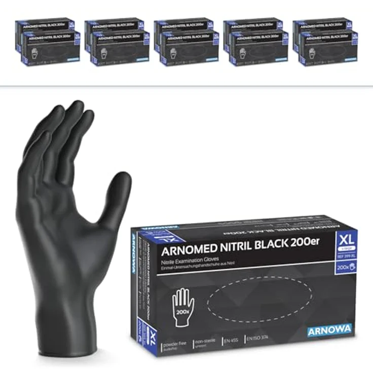 ARNOMED Nitrilhandschuhe Einweghandschuhe Schwarz, Einmalhandschuhe XL, reißfest und hautfreundlich, puderfrei, 2000 Stück im Bundle (10x200 Stk) – Bild 1