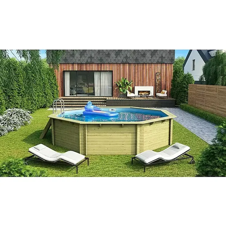 Karibu Holz-Pool Orlando Größe 3, 21.000 l, 547 x 547 x 124 cm, braun, mit Außentreppe und Edelstahl-Innenleiter