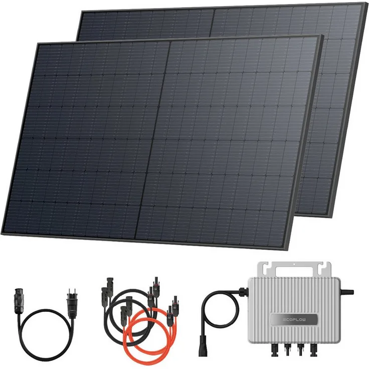 Solarway Balkonkraftwerk 1000Wp, Komplettset mit 800W Wechselrichter, 2x 500W bifazialen Solarmodulen, Monokristallin, EcoFlow und Zubehör