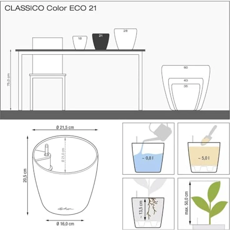 LECHUZA Classico Color ECO 21 Pflanzgefäß Dungelgrau, mit Bewässerungssystem und Wasserstandsanzeiger, aus 100% recyceltem Kunststoff, matte Oberfläche, Ø 21,5 x 20,5 cm – Bild 2