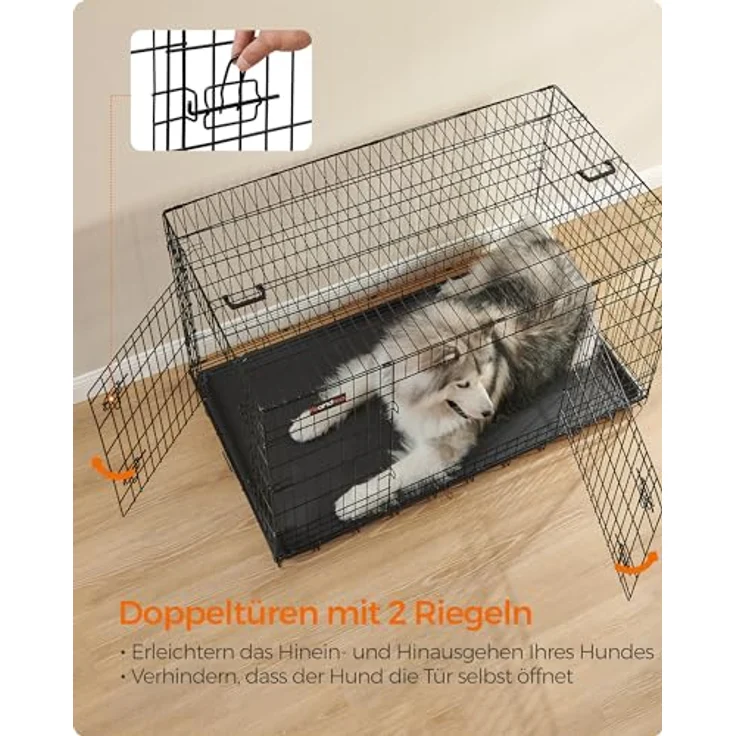 Feandrea Hundekäfig, klappbar, mit 2 Türen, ausziehbare Kunststoffschale, XXXL, schwarz - Sicher und komfortabel für große Hunde – Bild 3