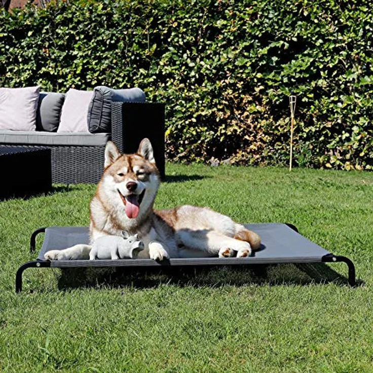 lionto Outdoor Hundeliege erhöht, stabile Haustierliege mit guter Luftzirkulation schützt vor Bodenkälte, 114x76 cm, abnehmbarer Bezug aus atmungsaktivem Netzgewebe, robuster Metallrahmen, grau – Bild 2