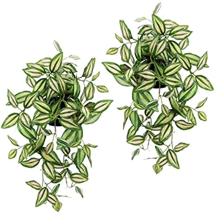 Künstlicher Tradescantiahänger mit Topf, 2er Set Kunstpflanze Tradescantia hängend Deko Hängepflanze Rankende Girlande Pflanzenampel Ampel Grünpflanze Zimmerpflanze Kletterpflanze Efeuranke Efeu