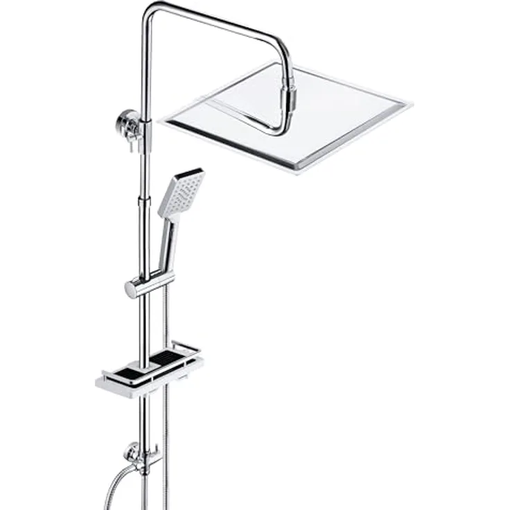 JOHO Edelstahl Duschsystem mit XXL-Regendusche 30x30 cm, ohne Armatur, verstellbare Duschstange und 3 Strahlarten, Chrom