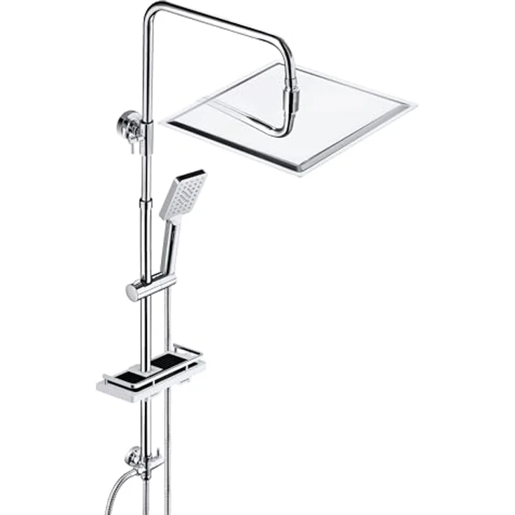 JOHO Edelstahl Duschsystem mit XXL-Regendusche 30x30 cm, ohne Armatur, verstellbare Duschstange und 3 Strahlarten, Chrom – Bild 1