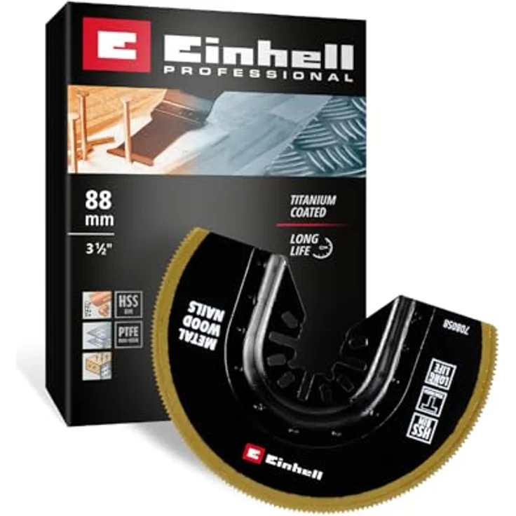 Einhell BiM-TiN-Sägeblatt, halbrund, Ø 88 x 0,6 mm, titanbeschichtete Zähne und Schnellwechselfunktion – Bild 1