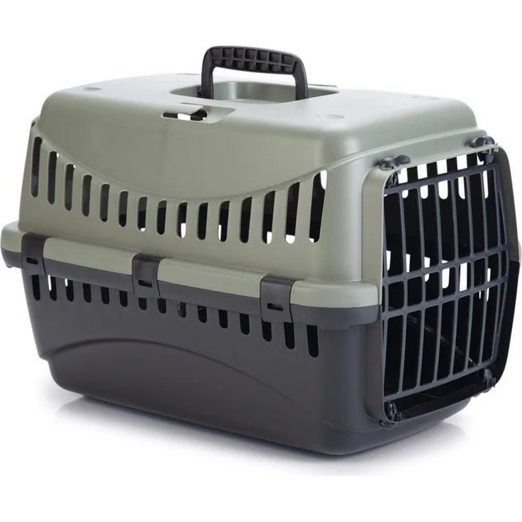 Beeztees Tiertransportbox Gipsy Eco für Katzen grau-schwarz, recycelter Kunststoff, belüftete Seiten