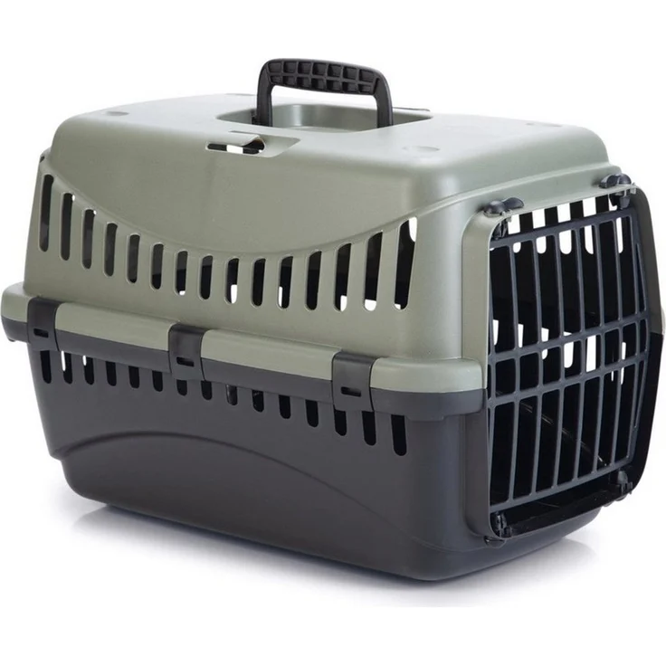 Beeztees Tiertransportbox Gipsy Eco für Katzen grau-schwarz, recycelter Kunststoff, belüftete Seiten – Bild 1
