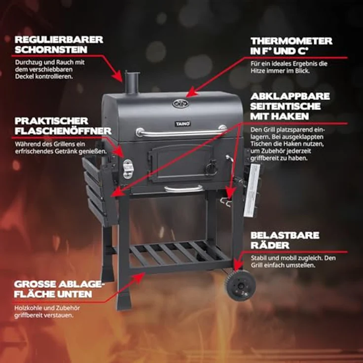TAINO HERO XL, Holzkohlegrill Set mit Abdeckhaube, Grillplatte und Smoker-Funktion, 113,5 x 124 x 66 cm, höhenverstellbare Holzkohle-Wanne, integriertes Thermometer, klappbare Seitentische – Bild 5