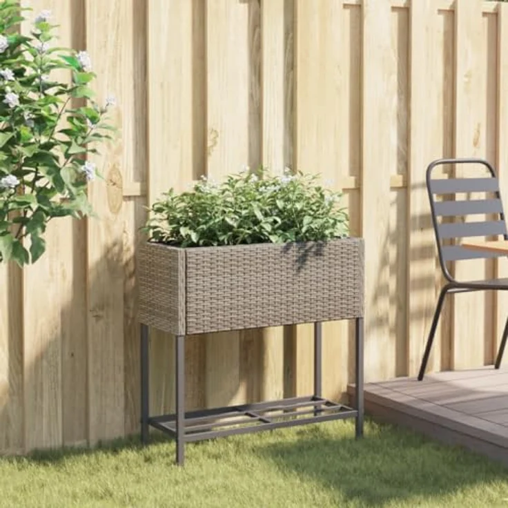 vidaXL Pflanzkübel mit Ablage Grau Poly Rattan, langlebiges PE-Rattan und praktische Ablage – Bild 3