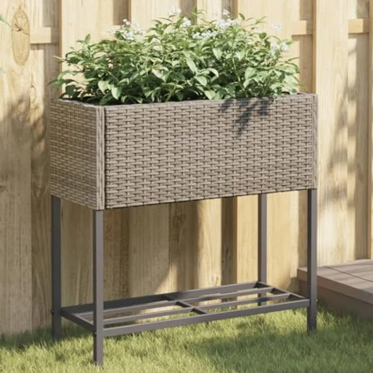 vidaXL Pflanzkübel mit Ablage Grau Poly Rattan, langlebiges PE-Rattan und praktische Ablage – Bild 2