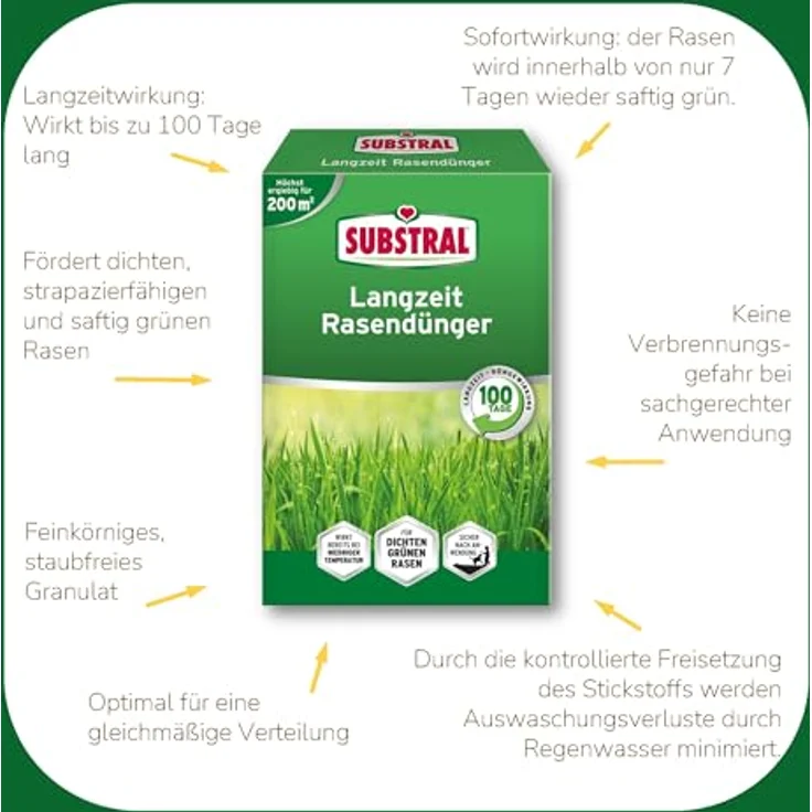 Substral Premium Langzeit Rasendünger für 200 m², 4 kg - Schnelle Grünwirkung, 100 Tage Langzeitnährstoffversorgung, staubfreies Granulat – Bild 3