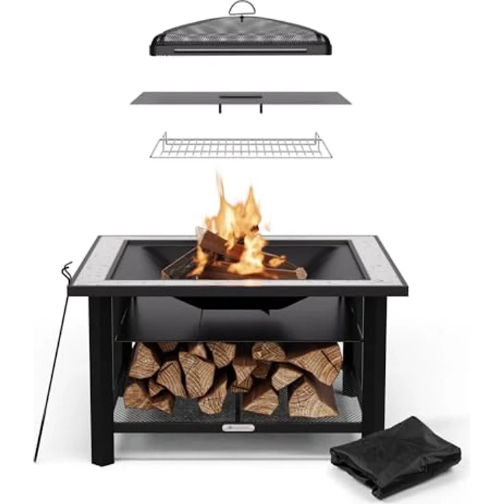 Blumfeldt Merano Avanzato, 3-in-1 Feuerschale mit Grillrost und Terrazzo-Tischplatte, robuster Stahlrahmen, inkl. Funkenschutz, Hitzeschild & Schürhaken, für Garten & Terrasse – Bild 1