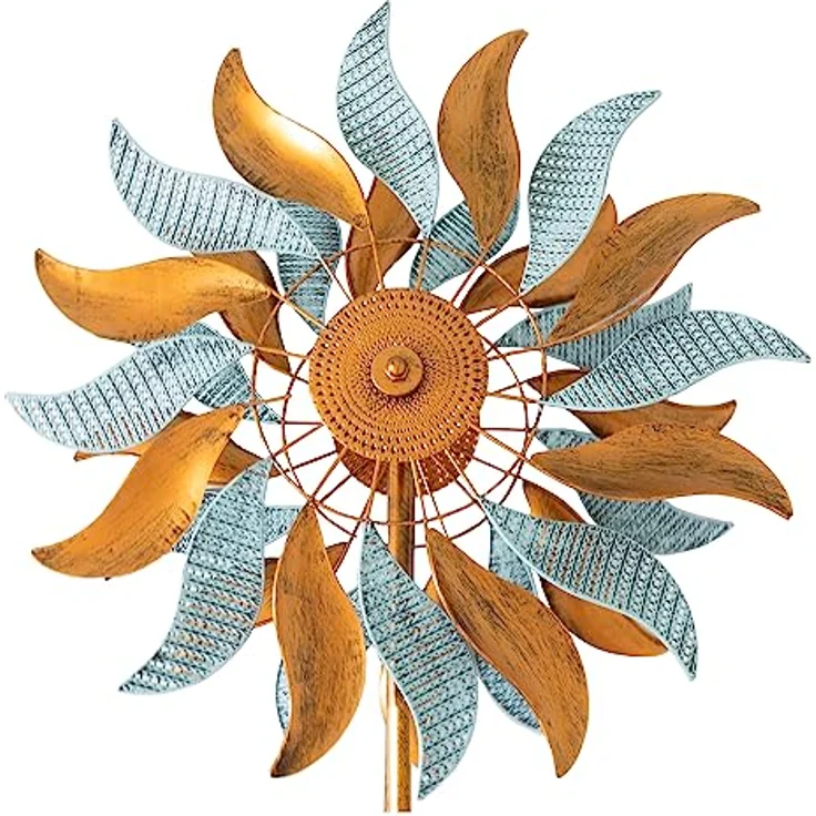 LEMODO Windspiel Fire Flowers | Windrad mit gegenläufigen Rotoren | Gartendeko in 2 Höhen aufbaubar | Gartenstecker 213 cm hoch | Windmühle in Kupferoptik | Windskulptur auch als Vogelschreck geeignet - Preisvergleich – Bild 1