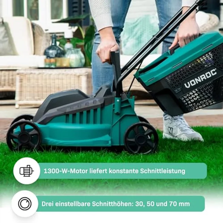 Rasenmäher – 1300 W – 32 cm Schnittbreite – 30 L Grasfangkorb mit Füllstandsanzeige – Einstellbare Schnitthöhe – Bild 3