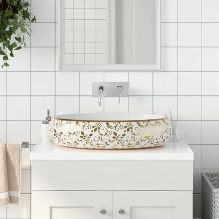 vidaXL Aufsatzwaschbecken, Oval Waschbecken mit Muster, Handgefertigt Waschtisch Waschschale für Badezimmer, Handwaschbecken Spülbecken, Weiß Golden 59x40x15 cm Keramik – Bild 2