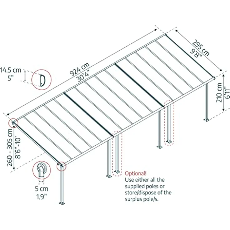 CANOPIA Terrassenüberdachung Alu Olympia 3X9.15 Polycarbonat Hohlkammerplatten Pergola Grau - 924 x 295 cm, UV-Schutz, einfache Montage – Bild 2