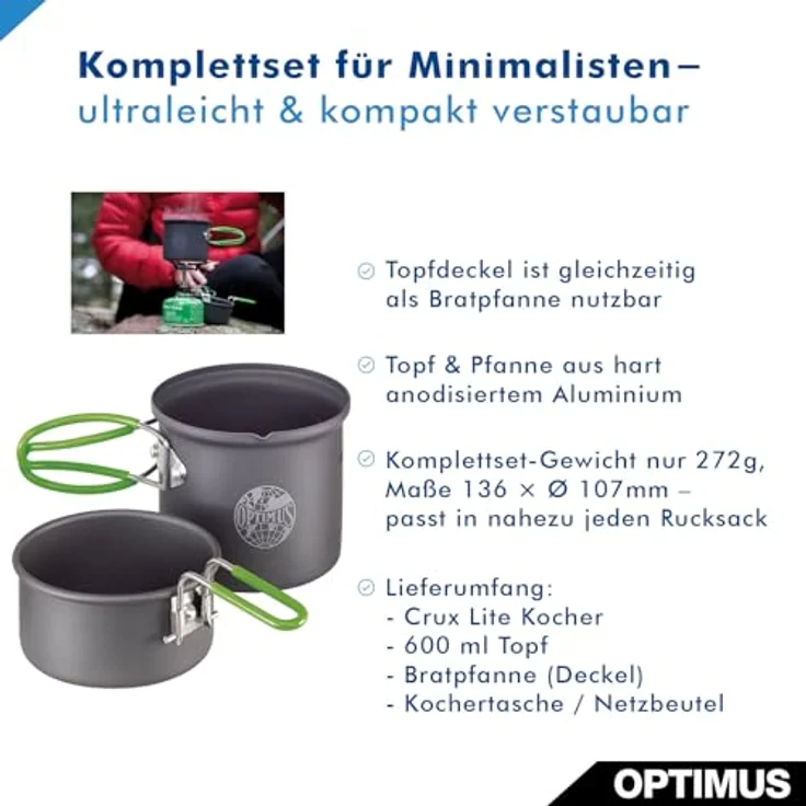 Optimus Crux Lite Solo, Campingkocher mit Terra Solo Kochset, 272 g, leicht und kompakt – Bild 6